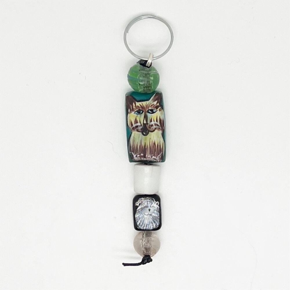 Handmade Painted Cat Bead Keychain Hand Crafted Artisan Beaded
